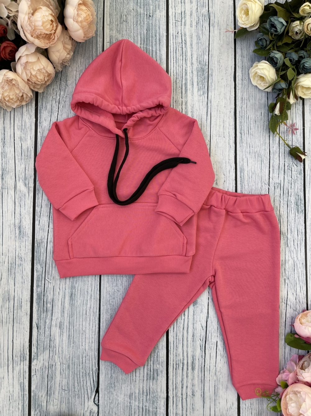 311-М. Свитшот с капюшоном + Штаны, хлопок 65%, 35% ПЭ, 3-х нитка ( без начеса) малина 146,152,158